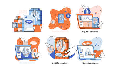 Big data analytics. Process of analyzing large and complex data sources to identify trends customer behavior metaphor and market preferences to make more effective business decisions, data explorationのイラスト素材