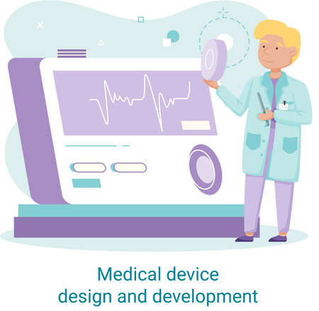Medical device design and development metaphor with scientist develop research appliance, equipment and experiment. Laboratory diagnostic service chemistry clinic laboratories, pharmaceutical researchのイラスト素材