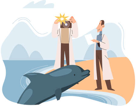 Zoologist study animals in their natural habitat. Scientist exploring and investigating fauna. Tameless animal protection, expedition to wild nature. Professional zoo activist photographing dolphinのイラスト素材