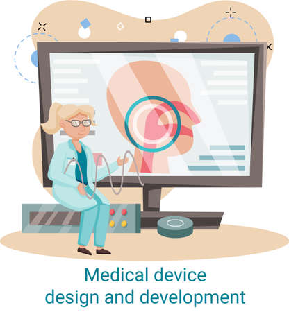 Medical device design and development metaphor with scientist develop research appliance, equipment and experiment. Laboratory diagnostic service chemistry clinic laboratories, pharmaceutical researchのイラスト素材