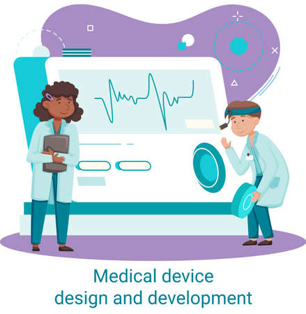 Medical device design and development metaphor with scientist develop research appliance, equipment and experiment. Laboratory diagnostic service chemistry clinic laboratories, pharmaceutical researchのイラスト素材