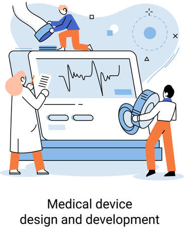 Medical device design and development metaphor with scientist develop research appliance, equipment and experiment. Laboratory diagnostic service chemistry clinic laboratories, pharmaceutical researchのイラスト素材