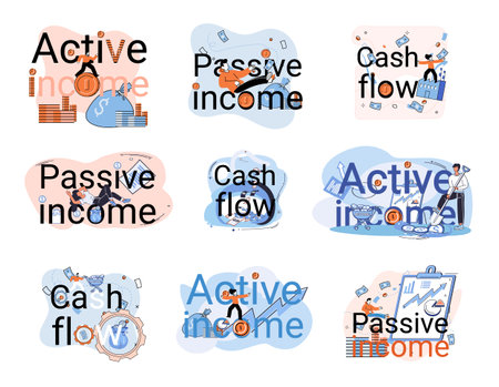Active and passive income concept. Idea of financial growth and development. Set of illustrations about earnings, profit, cash and money flow. Formation of stable income from work and investmentsのイラスト素材