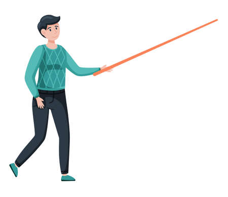 Young female teacher on lesson at blackboard in classroom. Teacher with pointer isolated on white background, male character showing on board in college. Man with wooden pointer lecturer in universityのイラスト素材