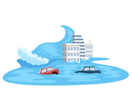 Melting glaciers, global warming, sea level rose and flooded cities, cars and tall houses sink in water stream, ecological catastrophy. Saving Earth and environmental care. Destruction of planetのイラスト素材