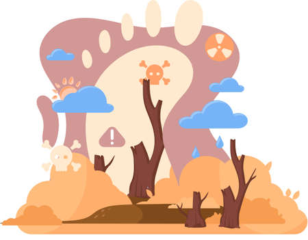 Carbon footprint and consequences metaphor. Causes of climate change on planet. Record high levels of carbon dioxide CO2 in atmosphere. Environmental, ecological problems air and atmosphere pollutionのイラスト素材
