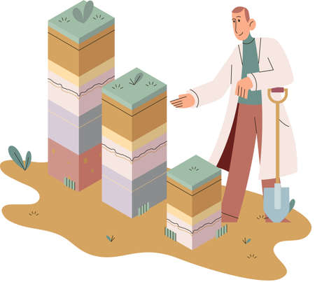 Soil analysis and earth pollution metaphor or structure control. Nutrients microorganism composition research ground layer structure sample. Soil laboratory test. Scientist measuring levels statusのイラスト素材