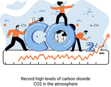 Record high levels carbon dioxide CO2 atmosphere. Industrial emissions affect changes in carbon dioxide concentration. Causes of climate change on planet. Problems of environment and ecology metaphorのイラスト素材
