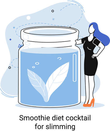 Green smoothie healthy diet cocktail for slimming tiny person metaphor. Vegan detox food and drink as organic and vitamin full beverage from straw. Raw ingredient blend nutrition for energy and dietのイラスト素材
