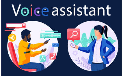 Voice assistant. Smart speaker virtual assistant, sound robot, people using voice controlled smart speaker. Voice activate digital assistant identification control contactless mobile device microphoneのイラスト素材
