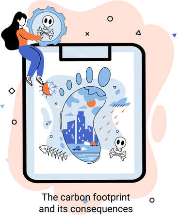Carbon footprint and consequences metaphor. Causes of climate change on planet. Record high levels of carbon dioxide CO2 in atmosphere. Environmental, ecological problems air and atmosphere pollutionのイラスト素材