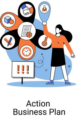 Action business plan, development strategies, foreseeing market risks. Company success secret, idea growing business achieve target metaphor, study production and sales market. Strategic biz planningのイラスト素材