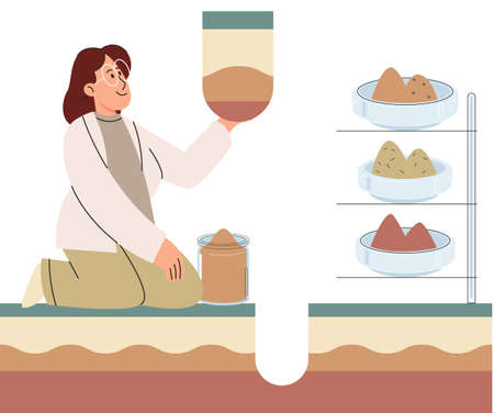 Soil analysis and earth pollution metaphor or structure control. Nutrients microorganism composition research ground layer structure sample. Soil laboratory test. Scientist measuring levels statusのイラスト素材