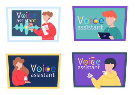 Voice assistant. Smart speaker virtual assistant, sound robot, people using voice controlled smart...