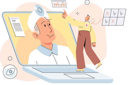 Online medical services mobile app, consultation and prescription medicine, diagnostics, professional doctor connecting and giving consultation for patient, telemedicine metaphor, health care programのイラスト素材