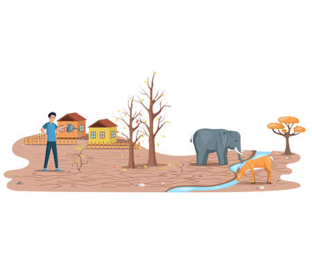Change climate, problem of disappearing water sources, drought, ecological disaster on planet. Earth environmental trouble poster concept. Dried, hot and depleted planet, cracked ground withered treesのイラスト素材