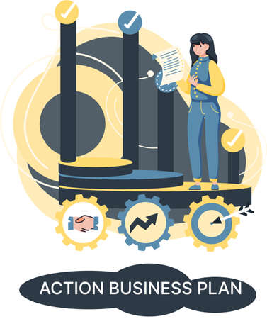 Action business plan, development strategies, foreseeing market risks. Company success secret, idea growing business achieve target metaphor, study production and sales market. Strategic biz planningのイラスト素材
