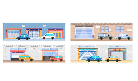 Garage with automatic gates. Vehicle storage space, room for cars inside house. Gates with lifting mechanism, place for automobile parking. Car near garage in modern residental buildingのイラスト素材