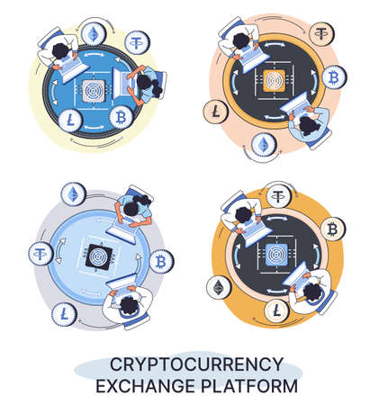 Cryptocurrency exchange and blockchain. Bitcoin mining, Ethereum exchange platform to trade digital money metaphor, investment technology. Online money market, finance trading. Ecurrency transactionsのイラスト素材