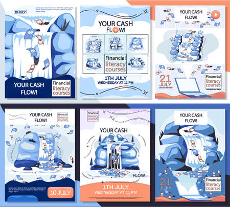 Cash flow, stable income website, advertising poster. Idea of income growth and development. Business investment, financial literacy courses and profit increase. Active and passive income conceptのイラスト素材