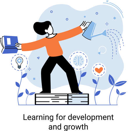 Learning development and growth. Self-learning metaphor, online emoloyee education distance e-learning. Skill improvement. Self development program way to success. Goal achieving professional trainingのイラスト素材