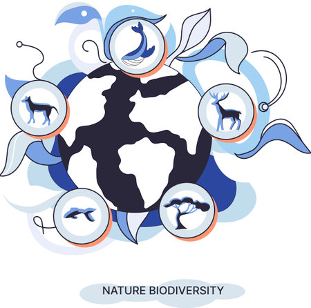 Biodiversity in nature as environment variety of life on Earth planet. Saving wildlife ecosystem metaphor. Protection and care of flora and fauna, eco friendly human activity, many biological speciesのイラスト素材