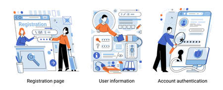 Registration or sign up user interface. People using secure login and password, account data for authorization. Personal data security. Registration page, user information, account authentificationのイラスト素材