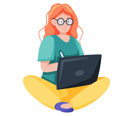 Young woman using laptop computer sitting in lotus pose with crossed legs isolated vector. Student working on tablet pc while sitting at home. Freelancer or office woman working remotely with computerのイラスト素材