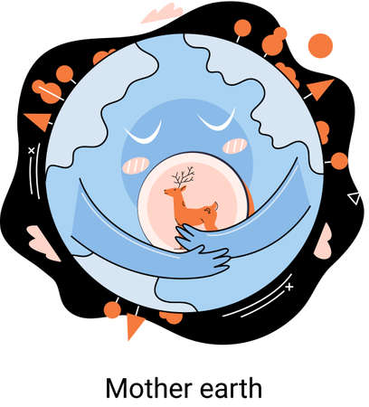International Mother Earth Day metaphor. Environmental problems and ecological protection. Universal symbolic holiday of love, care common home. Relationship between planet its ecosystems and humansのイラスト素材
