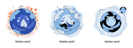 International Mother Earth Day metaphor. Environmental problems and ecological protection. Universal symbolic holiday of love, care common home. Relationship between planet its ecosystems and humansのイラスト素材