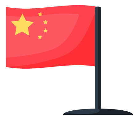 China flag. National flag of China on pole isolated on white. Waving flag. Sign and symbol of Asian country. Government polytical element, international canvas banner with star colored stripesのイラスト素材
