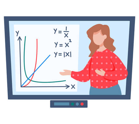 Online education concept. E-learning, home schooling. Students learn math with distance lecture work on laptop. Web courses or tutorials concept. Education platform modern digital technologiesのイラスト素材