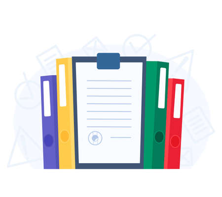 Pile of books, folders with documents, isolated file cabinet. Stack of books with bookmarks. Concept of learning, business education with textbooks, literature in library, knowledge and informationのイラスト素材