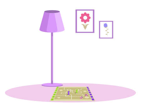 Cozy living room atmosphere with strategic board game. Home activity and recreation with educational logic game concept. Board with chips and dice on floor. Interior of room for family pastimeのイラスト素材