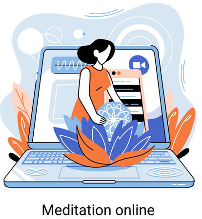 Meditation online metaphor. Classes on laptop, practicing yoga, mental exercises. Live stream, internet education. Wellness practice restore peace mind. Healthy lifestyle, clearing brain and managingのイラスト素材