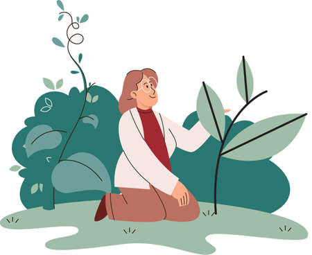 Scientist explores vegetable life and plants in nature. Biologist in forest, green pharmacy pharmacist collecting samples. Explorer conducts experiments takes care of ecology and endangered green herbのイラスト素材