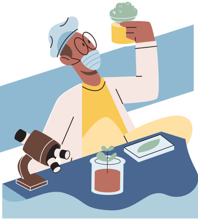 Scientist examining plant species using laboratory microscope. Eco friendly technology research on environmental protection. Ecologist studying botany in ecological biological lab takes care of natureのイラスト素材
