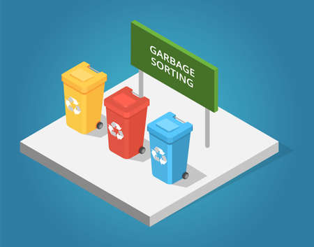 Trash in garbage cans with garbage sorting board. Recycling rubbish separation collection and recycled, minicipal program. Different color recycle bins with glass, plastic, paper. Zero waste conceptのイラスト素材