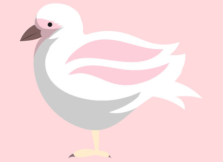 White bird waterfowl stands side view. Feathered seagull with pink wings. Vector colorful bird cute albatross birdie, mallemuck. Avian species, wild life, fauna in forest. For nature, travel conceptのイラスト素材
