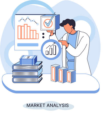 Market analysis metaphor marketing strategy development. Business research. Identify business determine solutions business problems solving. Marketer analyzes sales plan, doing an advertising campaignのイラスト素材