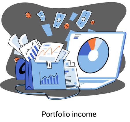 Investment portfolio income dollars currency, buy sell trading, market exchange value metaphor, businessman investor or trader balance portfolio with coins. Financiers analyzing stock market profitのイラスト素材