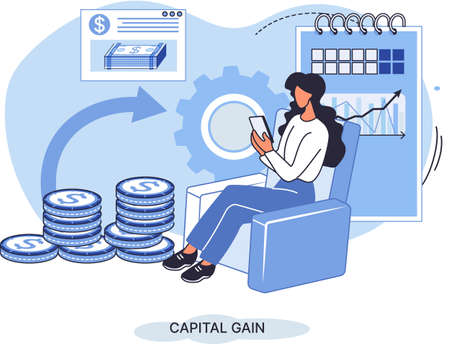 Capital gain, net income, monetary profit and growing graph up. Economic growth, income from investments. Metaphor of business success. Difference between purchase price of an asset and its sale priceのイラスト素材