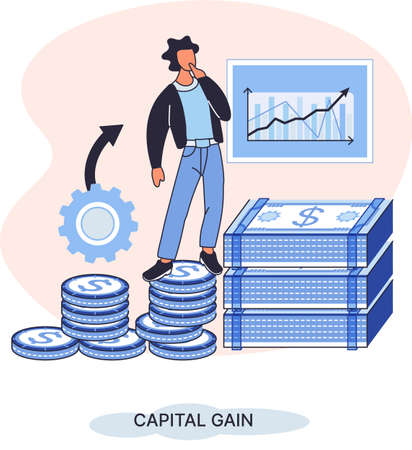 Capital gain, net income, monetary profit and growing graph up. Economic growth, income from investments. Metaphor of business success. Difference between purchase price of an asset and its sale priceのイラスト素材