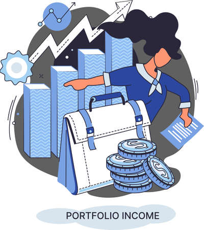 Investment portfolio income dollars currency, buy sell trading, market exchange value metaphor, businessman investor or trader balance portfolio with coins. Financiers analyzing stock market profitのイラスト素材