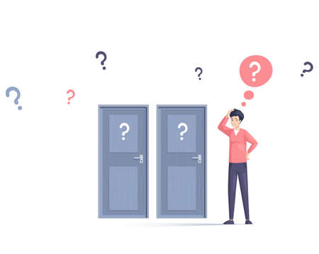 Decision making. Man doubts his choice which door to enter. Choose options person concept. Career, life and question decisions process visualization. Different professional direction confusionのイラスト素材