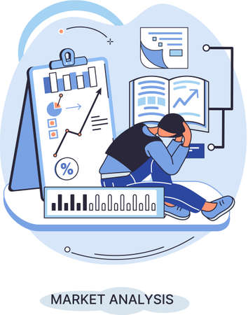 Market analysis, marketing strategy development. Business research. Identify business needs determine solutions business problems solving. Marketer analyzes sales plan, doing an advertising campaignのイラスト素材