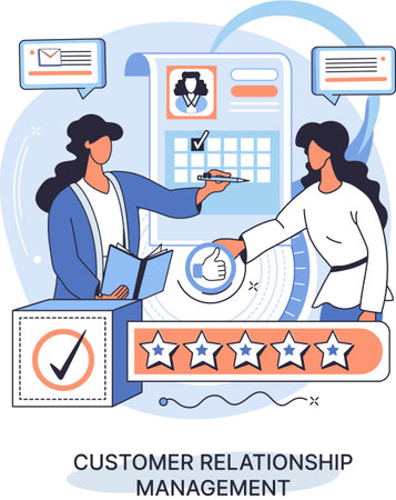 CRM metaphor. Customer Relationship Management. Application software for organizations automatisation of customer interaction strategies to increase sales, optimize marketing, improve customer serviceのイラスト素材