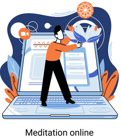 Meditation online metaphor. Classes on laptop, practicing yoga, mental exercises. Live stream, internet education. Wellness practice restore peace mind. Healthy lifestyle, clearing brain and managingのイラスト素材