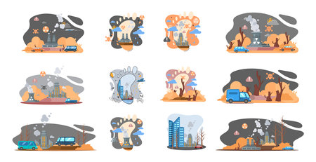 Global environmental problems. Land degradation. Soil erosion, desertification, deforestation. Causes climate change metaphor. Harm from activities industrial enterprises and emissions destroy planetのイラスト素材