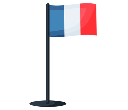 France flag. National flag of France on pole isolated on white. Waving flag. Sign and symbol of European country. Government polytical element, international canvas banner with three colored stripesのイラスト素材